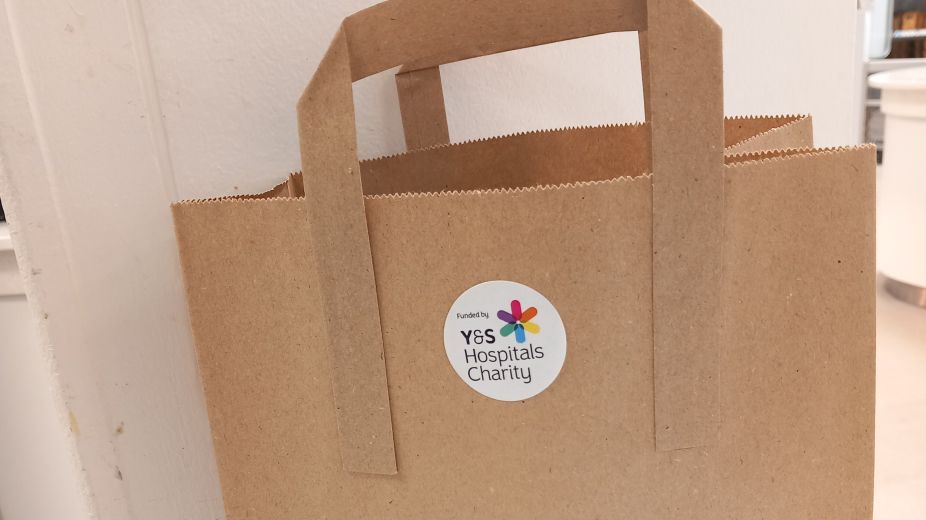 Brown paper bag with charity logo, an apple, bottle of water and date bar
