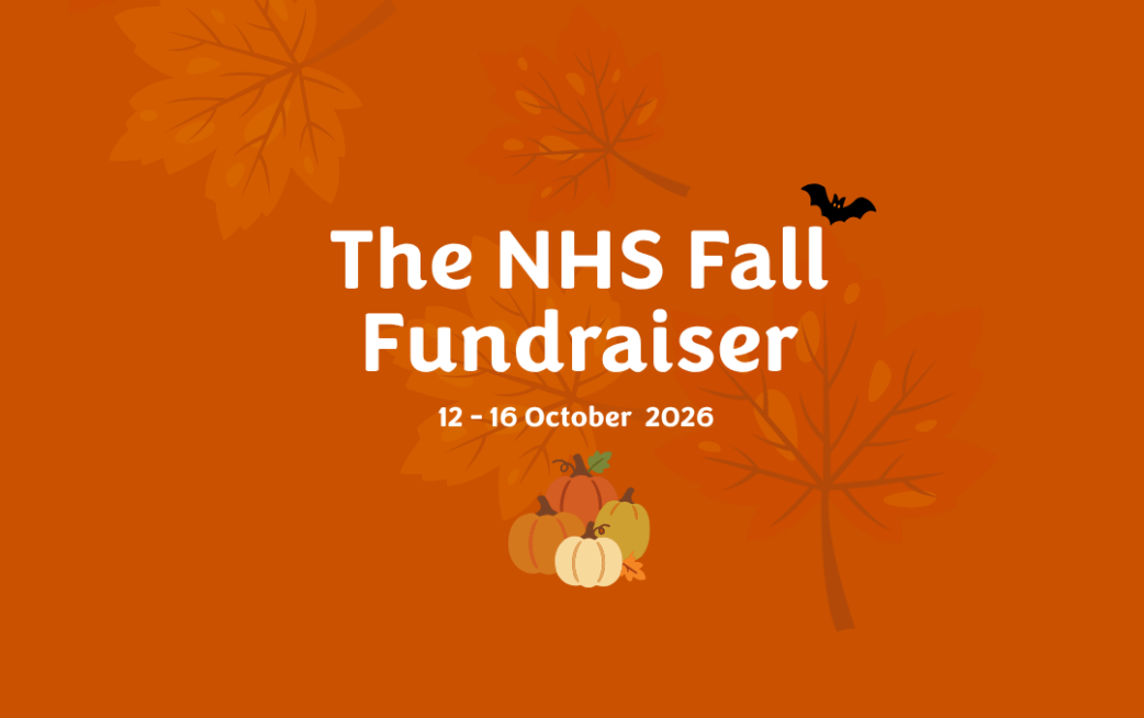 Orange background with the text 'The NHS Fall Fundraiser' featuring a pumpkin and bat decoration