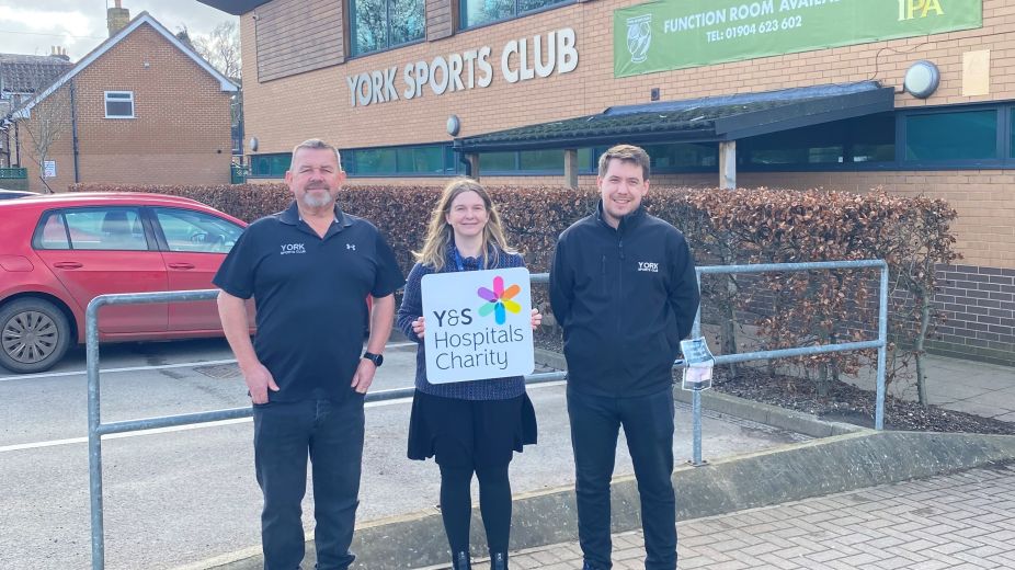 Kevin Johnson (York Sports Club), Natalie Marriott (York & Scarborough Hospitals Charity) and Tom Bateson (York Sports Club) outside of York Sports Club, showing support towards the Tiny Lives Appeal. 