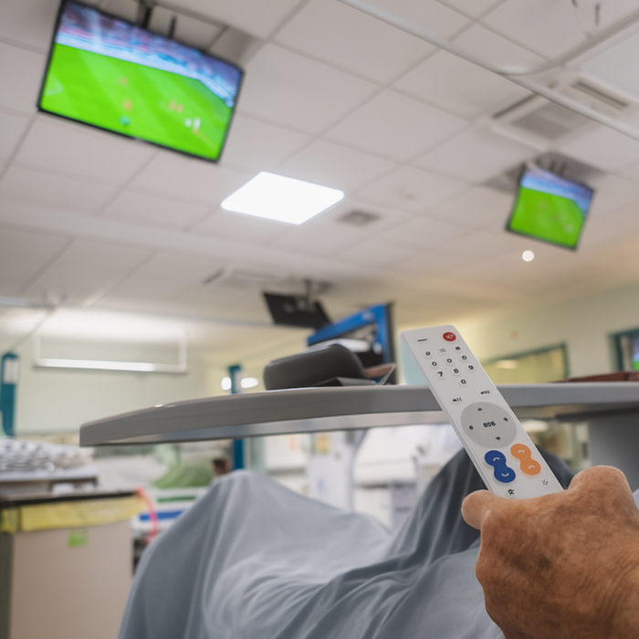 photo of patient in bed watching a football match on tv